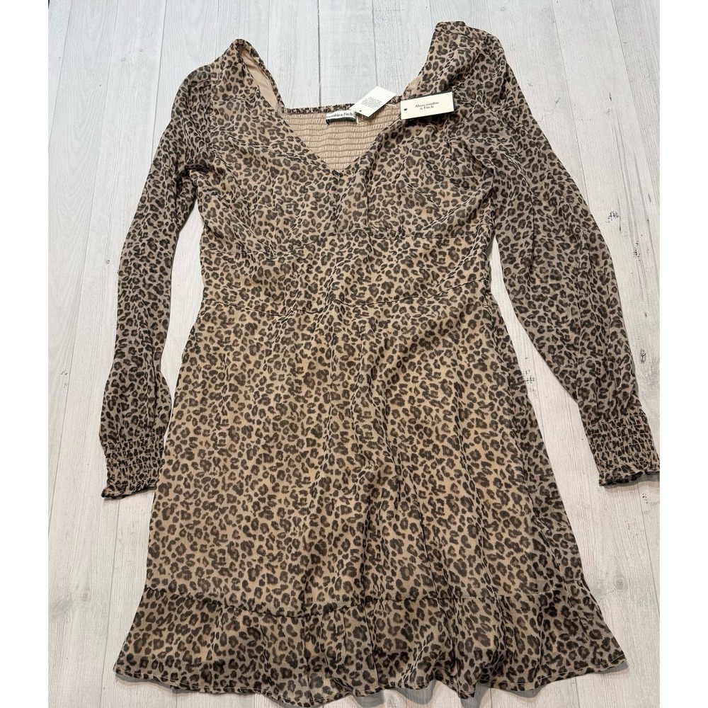 Abercrombie & Fitch Leopard Print Long-Sleeve Ruffle Hem Dress Womens medium NEW